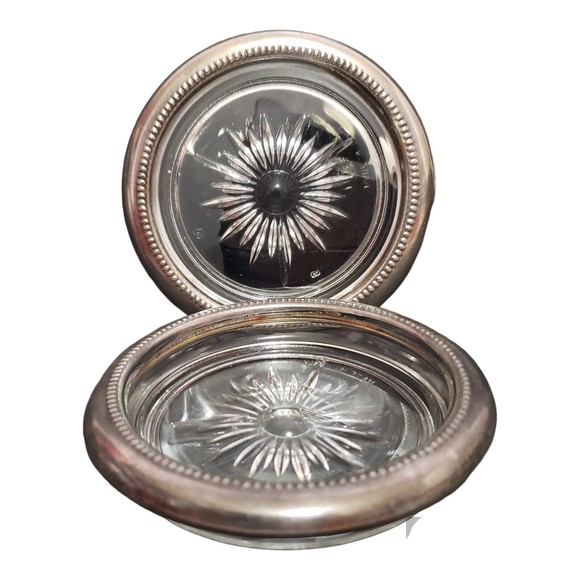 Leonard Silver plate Starburst Cut Crystal Coasters Lot of 2 ITALY - Picture 2 of 10